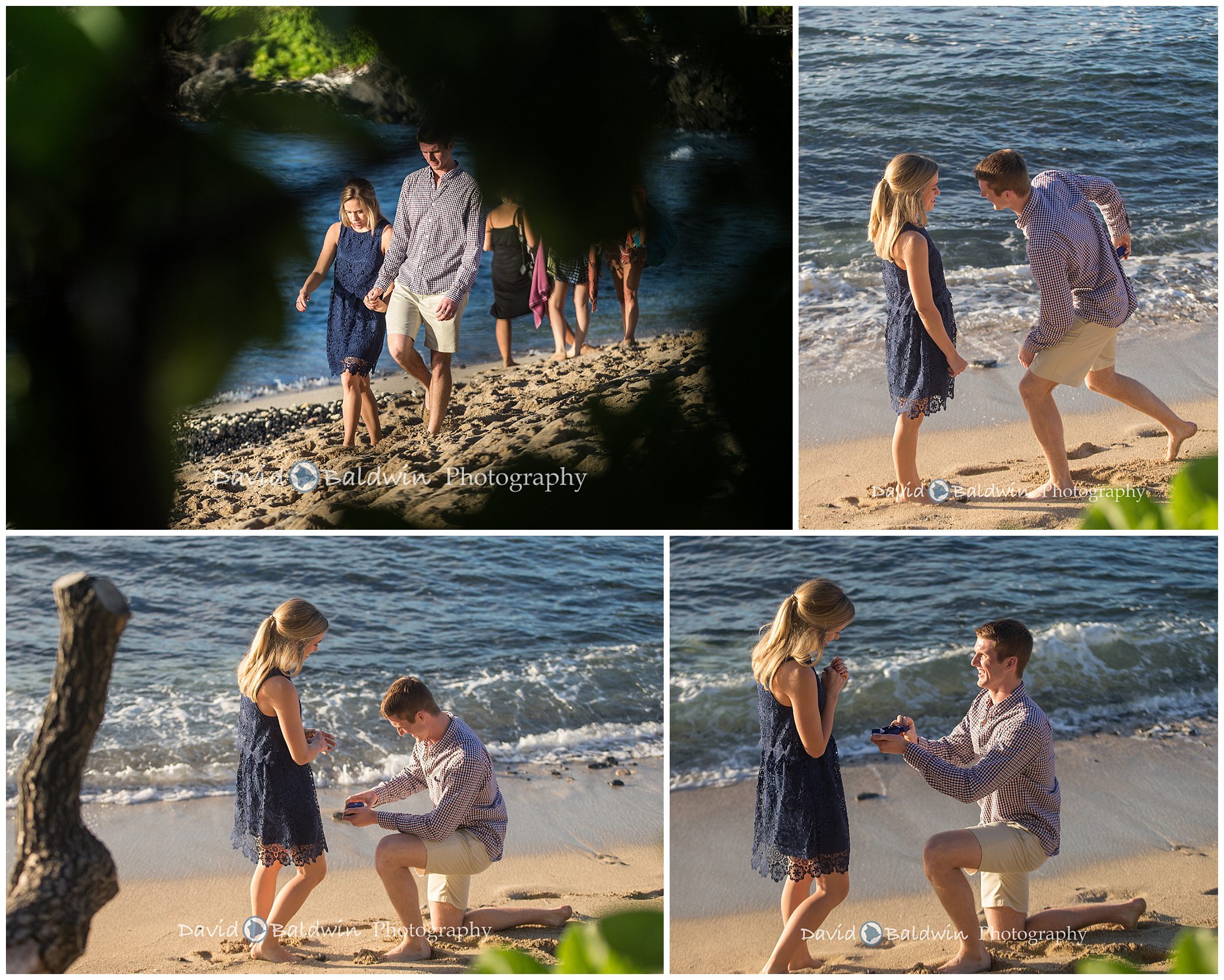 candid photos of a young man during his surprise engagement proposal on a Big Island beach