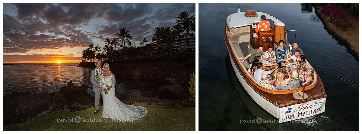 bride and groom sunset photos at the Hilton Waikoloa village big island